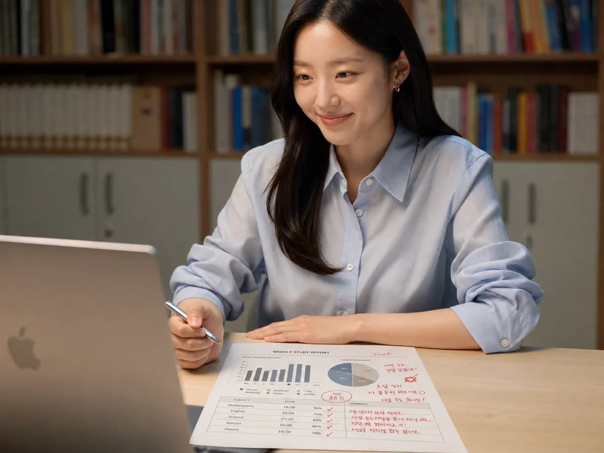 멘토가 학생의 주간 학습 리포트에 손글씨로 피드백을 적어 둔 모습