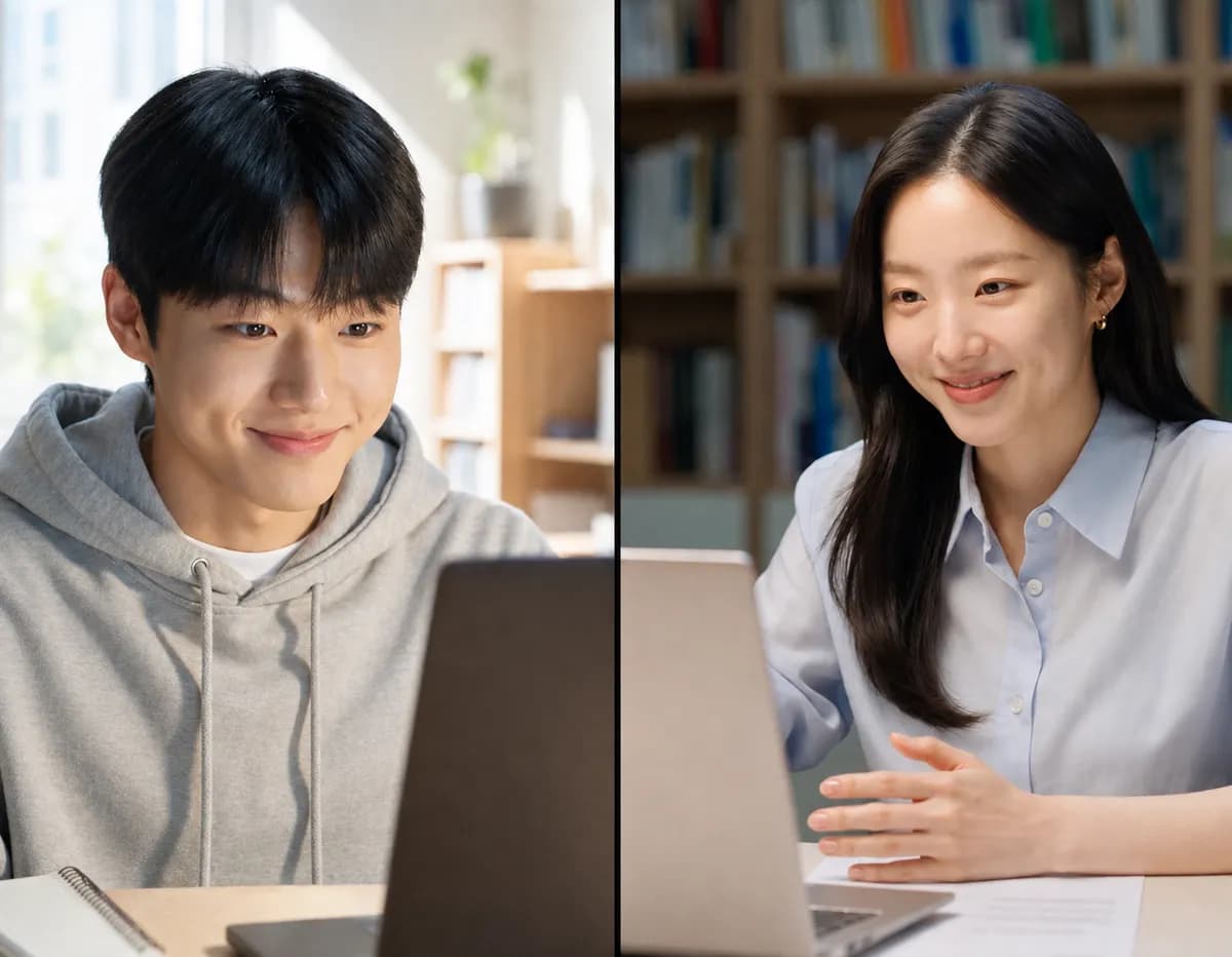 학생과 멘토가 각자 노트북 앞에서 화상으로 마주 본 모습