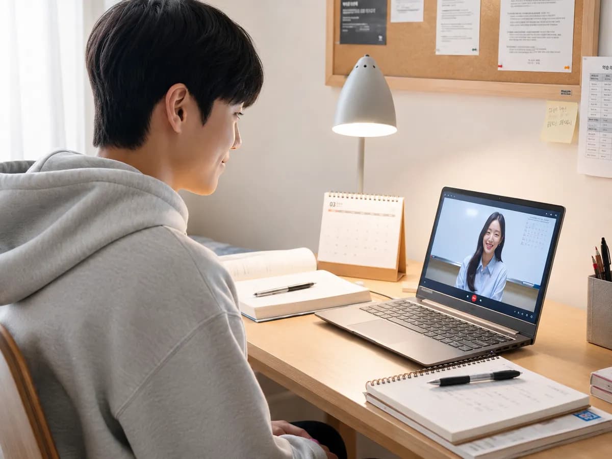 학생이 책상에서 노트북 화상 화면 속 멘토와 수업하는 모습